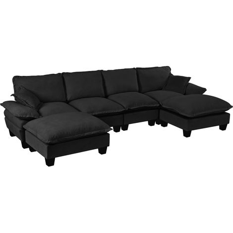 Divano angolare modulare a U in ciniglia nera 6 posti con pouf mobile MODENUIT (1/5)