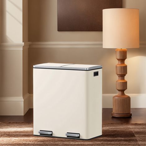 Poubelle de Tri 60 L avec 2 Compartiments, Seaux Intérieurs Amovibles, Pédales, Cuisine, Sacs Inclus, Blanc (1/5)