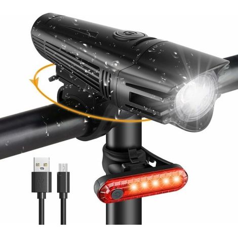 Éclairage vélo LED avant et arrière rechargeable, 4 modes d'éclairage ultra-lumineux, alimentation USB, résistant aux chocs et étanche - 2000 mA (1/4)