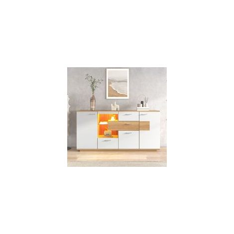 Buffet moderne avec éclairage LED,Meuble de salon 160x40x77 cm,2 Portes,4 Tiroirs,étagère en verre,Aspect bois et blanc (1/5)