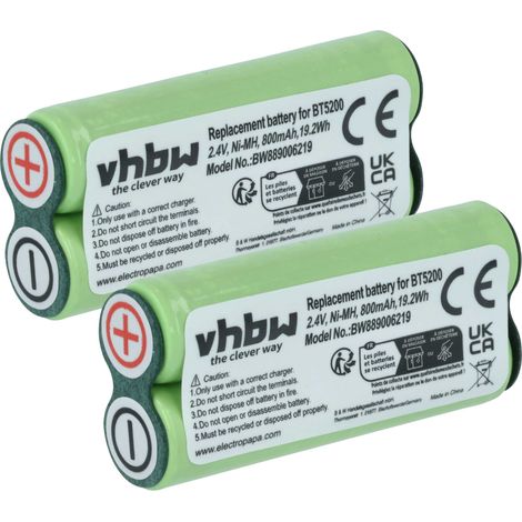 vhbw 2x Batterie compatible avec Philips Norelco 5825XL, 5822XL, 5802XL, 5818XL, 5817XL, 5821XL rasoir tondeuse électrique (800mAh, 2,4V, NiMH)