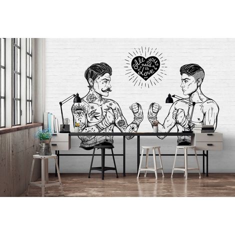 Papier peint panoramique moderne noir & blanc | Tapisserie panoramique fond imitation brique tendance | Papier peint panoramique amour idéal pour salon - 270 x 400 cm (4 pièces) (1/5)