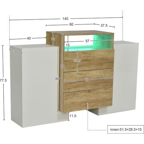 Buffet moderne, commode élégante, armoire 140 cm, blanc brillant et bois, effets LED multicolores. Meuble de rangement design, surface partiellement laquée. (1/5)