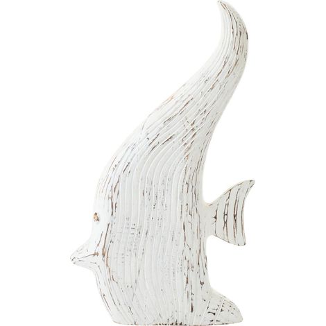 Statuette Déco en Bois "Poisson Antique" 50cm Blanc