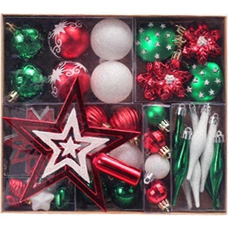 58 bunte, bruchsichere Weihnachtsbaumhänger mit Kugeln und Sternen (rot, grün, weiß) (1/4)