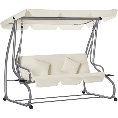Dondolo Letto da Giardino 3 Posti con Tetto Regolabile e 2 Portabicchieri, 200x120x164 cm, Crema