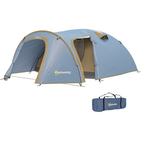 Tente de camping 4 personnes, tente tunnel imperméable avec 2 portes, crochets, sac de transport, 3,45 x 2,4 x 1,3 m, bleu clair
