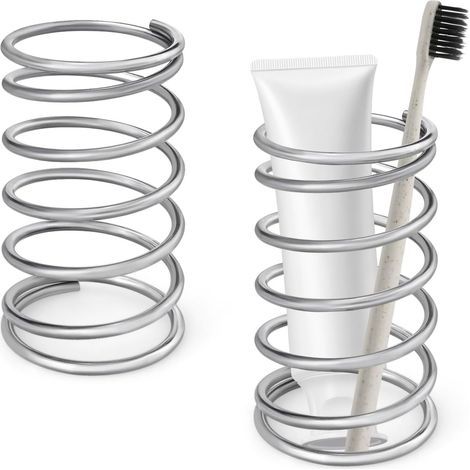Set mit 2 federförmigen Zahnbürstenhaltern aus Stahl für Badezimmer, Make-up und Zahnbürsten (1/5)