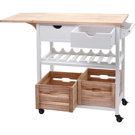 Servierwagen HHG-016, Küchenwagen Rollwagen Küchenhelfer Beistellwagen Teewagen, Kiefernholz 89x119x41cm natur-weiß