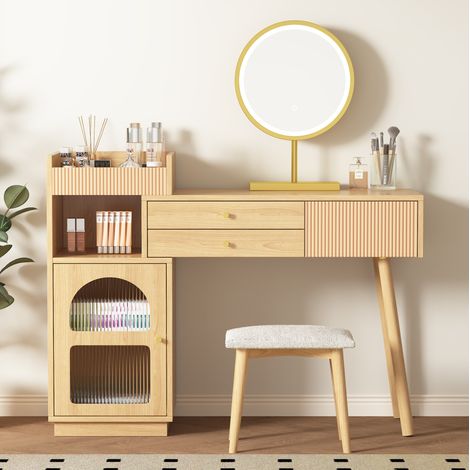 table bois rangement miroir LED 120 cm 3 tiroirs naturel OKMYHOME (1/5)