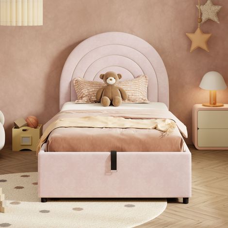 Lit enfant-lit simple  90x200-avec sommier à lattes et tête de lit-lattes en bois-velours-rose (1/4)