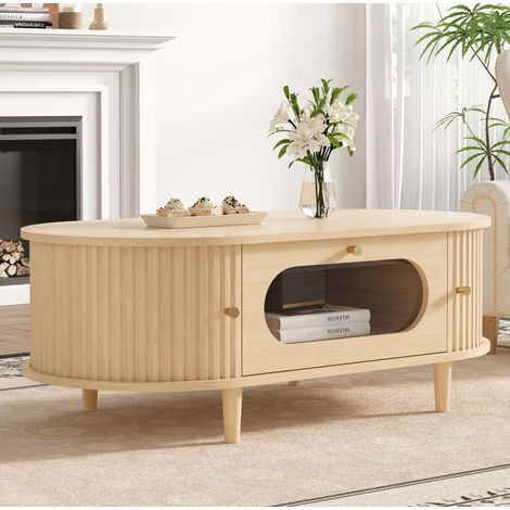 Couchtisch 100x50x36 cm Eichefarben MDF mit Schublade, Rolltüren und 4 Stützbeinen (1/5)