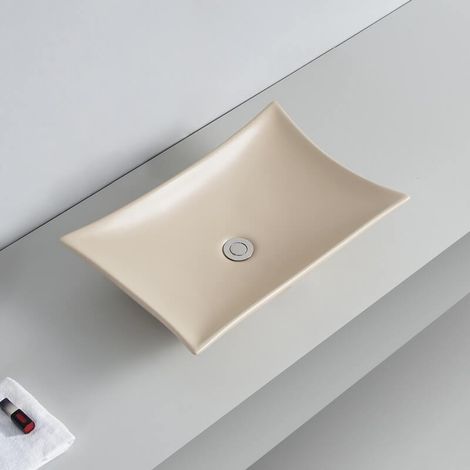 Rue Du Bain – Vasque à poser rectangulaire en céramique beige mat 58x39 cm – Sans trop plein – Installation facile sur meuble ou plan – Design moderne (1/4)