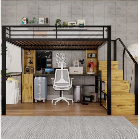 Cama alta de metal 255x144,5x170,5 cm negra con escritorio, sin colchón - MEUBLIV (1/5)