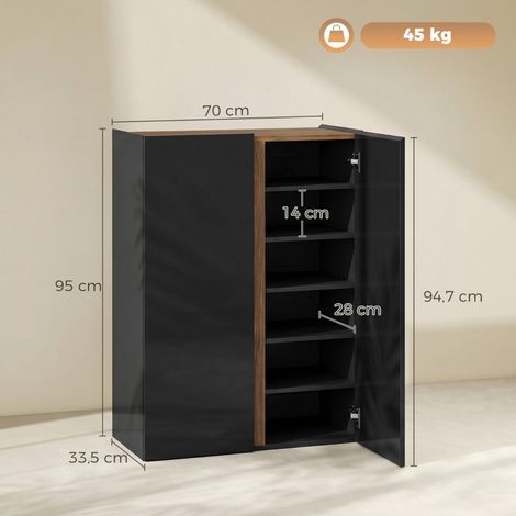 Meuble de rangement à chaussures, 6 niveaux, ouverture amortie et silencieuse, façade sans poignées, finition noir laqué brillant, design moderne. (1/5)
