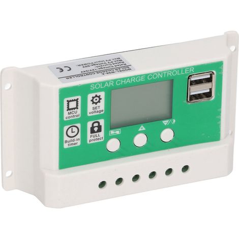 Régulateur de charge solaire PWM 10A 12V/24V, identification automatique, double port USB, câble PV inclus pour maison. (1/5)