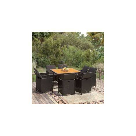 Mobilier à dîner de jardin et coussins 9pcs Résine tressée Noir (1/5)