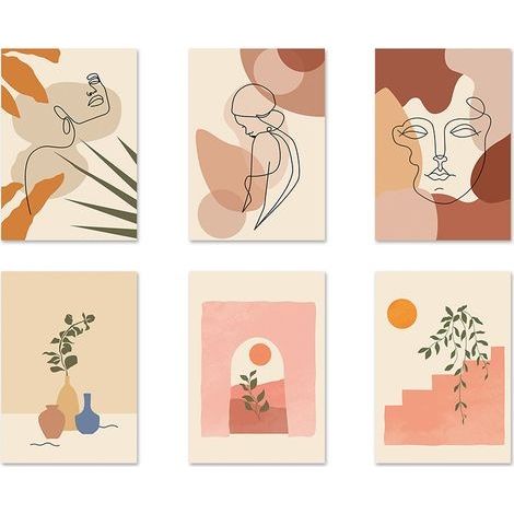 6 Pièces Impressions d'Art Mural Ligne Minimaliste Affiches d'Art Esthétique Moderne Abstrait Boho Art Mural de Dessin Géométrique de Paysage Visage de Femme sans Cadre, 20x25 CM (1/5)