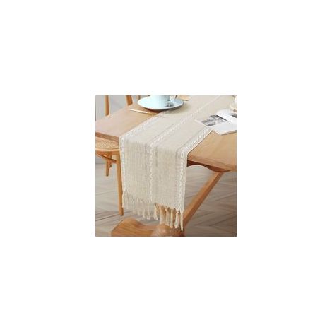 Chemin de Table en Lin Beige crème Fait Main avec Pompons, décoration Table de Style bohème Rustique, idéal pour la Cuisine, Salle à Manger, Mariage et Occasions spéciales, 183 x 33 c (1/5)
