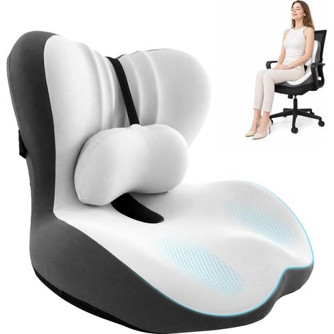 Coussin d'Assise Orthopédique avec Dossier, Coussin Ergonomique Assise en Mousse Mémoire Antidérapant Coussin de Soutien Lombaire pour Chaise de Bureau, Siège de Voiture, roulettes (1/5)