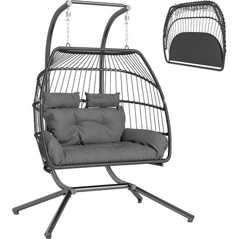 Chaise suspendue pliable type panier avec coussin, cadre acier, usage intérieur et extérieur, charge maximale 260 kg, gris foncé (1/5)