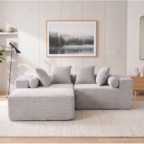 Divano modulare a L, senza montaggio, 3 moduli, chaise longue ampia, in schiuma e molle, grigio (1/5)