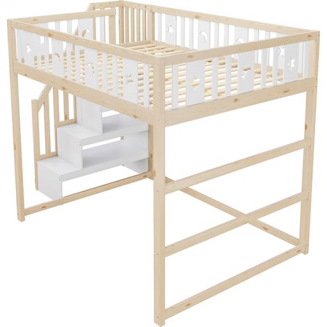Lit mezzanine enfant 140x200 cm avec escalier, rangements et décor lune étoile (1/5)