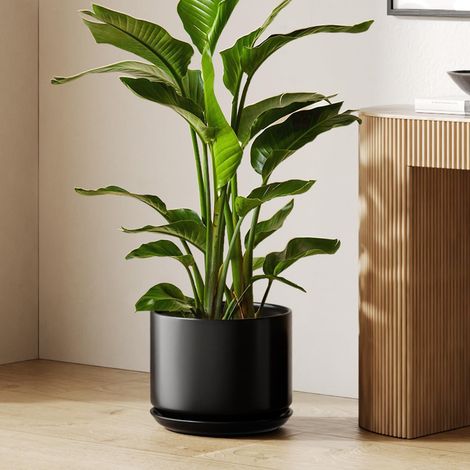 Pot de Fleurs en Céramique, Pot de Fleurs / Cache-Pot 30 cm avec Soucoupe et Trou de Drainage, Pots de Fleurs d’Intérieur pour Maison et Bureau, Noir (1/5)