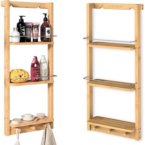 CASARIA® Estantería de ducha de bambú con 3 estantes 3 ganchos 70x28,5x10 cm carga max 15kg mueble interior baño cocina (1/5)