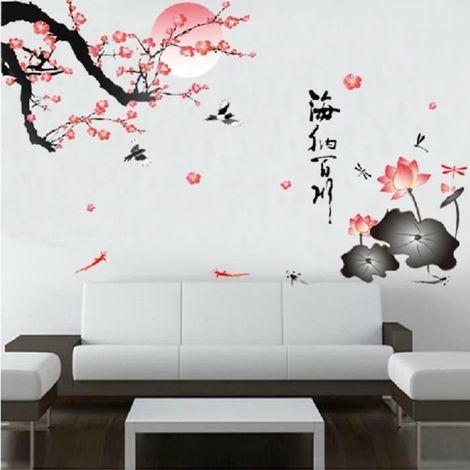 Soyez tolérant à la diversité lotus lune salle de mariage chinois stickers muraux salon TV fond environnemental (1/4)