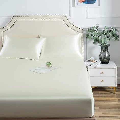 Drap-housse en satin 180 x 200 cm - Blanc - Matelas jusqu'à 25 cm (1/4)