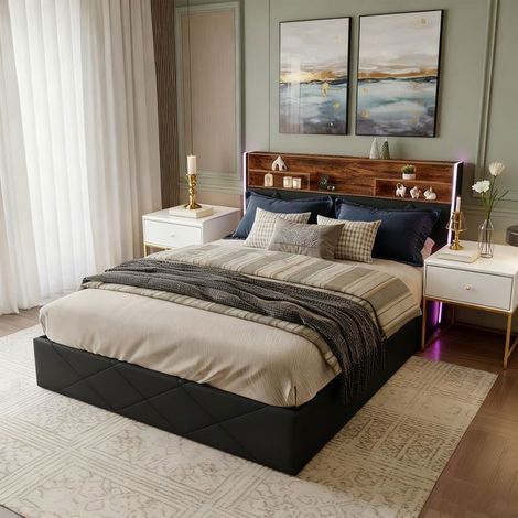Letto Coffre 160x200 Nero - Idraulico - Testiera con USB e LED - PU Imbottito - Rete Inclusa