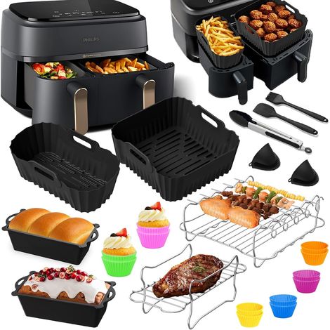 Accesorios Para Freidora De Aire - Juego De 23 Piezas En Silicona Y Acero Inoxidable 304 - Compatible Con Philips Dual Basket Airfryer Serie 3000-5000 - 6 L Y 3 L (1/5)
