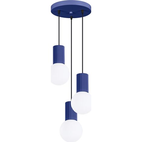 Moderne runde Dreifach-Pendelleuchte, ultramarinblau, geriffelt, Glaskugeln weiß, für Wohnzimmer, Esszimmer, über dem Tisch, 3xG9 8W, HALO Sollux Lighting (1/5)