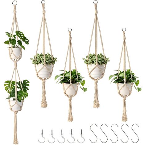 Macramé Plante Suspension – Corde de Coton Tressée à la Main, Suspension Tressée Style Boho-Chic, Support Robuste pour Pots de Fleurs, Idéal pour Balcon, Jardin et Salon (1/5)