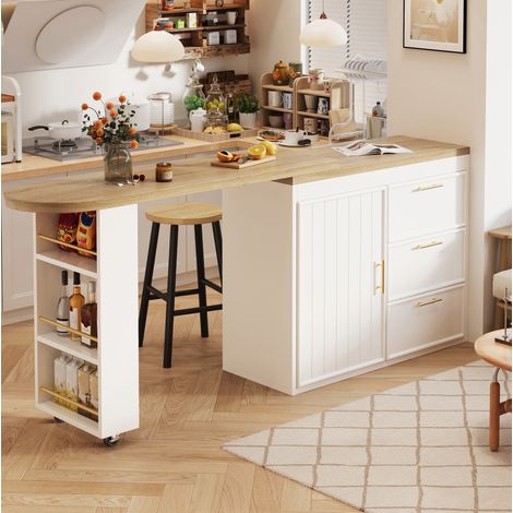 Tavolo bar in MDF e metallo bianco 128-203x39x90 cm, piano girevole 360°, 3 cassetti e ripiani regolabili (1/5)