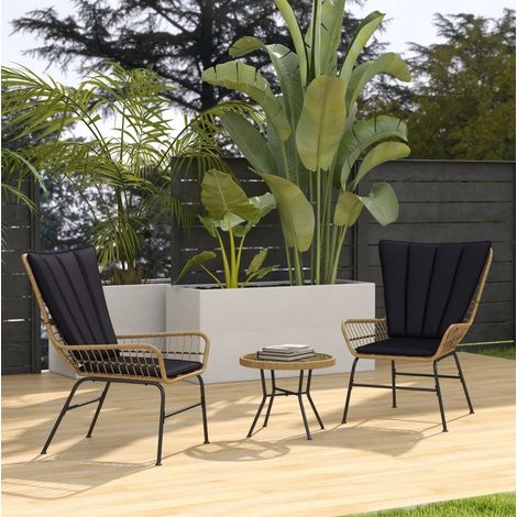 Set da giardino in rattan 2 posti nero con cuscini e tavolino in vetro temperato (1/5)