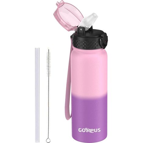 Wasserflasche Edelstahl Strohhalm Auslaufsicher 600 ml Rosa Violett (1/5)