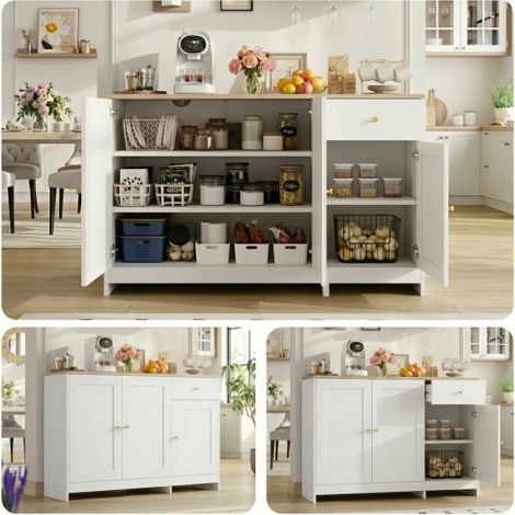 Buffet à trois portes et un tiroir — un meuble de rangement adapté au séjour et à la salle à manger finition bois naturel et blanc dimensions : 120 x 40 x 75 cm. (1/4)
