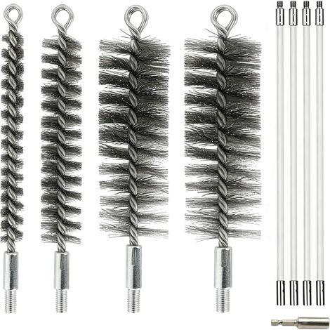 Fireplace Brush Rod Sets with 4 Flexible Rods 300 mm + Brush Heads 15/25/40/50 mm, Chimney Cleaning Brushes Kit for Fireplace/Sewer Pipe/Dryer Vent (1/5)