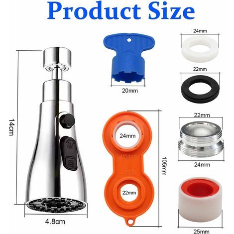 Douchette Evier Cuisine Robinet 360 Degres, 3 Modes Avec Mousseur Robinet Anti-Éclaboussures, Adaptateur Robinets Universal Orientable, Adaptateurs Multi-Tailles Pour Évier De Cuisine (1/4)