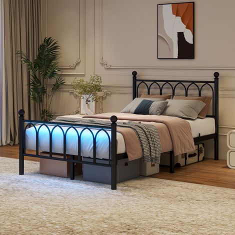 Cadre de lit en métal vintage avec tête et pied de lit – Station de charge USB, éclairage LED – Espace de rangement sous le lit – Sans sommier – 120x200 cm – Noir (1/5)