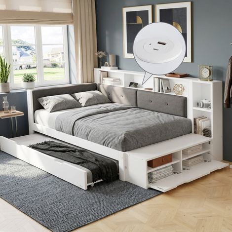 Letto estraibile 120/200 cm bianco e grigio con letto supplementare, contenitori e base di ricarica (1/5)