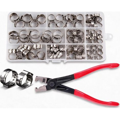100 Collier de Serrage Inox 304, Kit Collier Serrage à Oreille 10 Tailles (5.3‑15.3 mm) avec Pince à Collier Durite, Inox pour Durite Essence, Refroidissement, Collier Métallique Serrage (1/5)