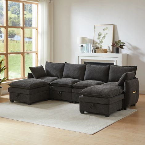 Canapé d’Angle en U modulable Gris- 4 places + 2 poufs- avec coffres de rangement- Tissu chenille -281x147x89cm