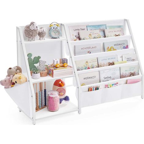 Bibliothèque pour enfants meuble de rangement pour jouets organiseur de livres avec pochette latérale 30 x 108,5 x 75 cm pour chambre d’enfant salle de jeux blanc (1/5)