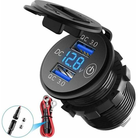 Motorcycle Dual USB/QC3.0 Waterproof Car Charger, 12V/24V/36W USB Charger Socket, with LED Digital Voltmeter and Switch, for Cars, ATVs, Buses (Blue) (1/5)