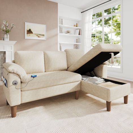 3-Sitzer-Ecksofa mit reversibler Chaise longue, Stauraum, USB/Type-C, Beige OKMYHOME (1/5)