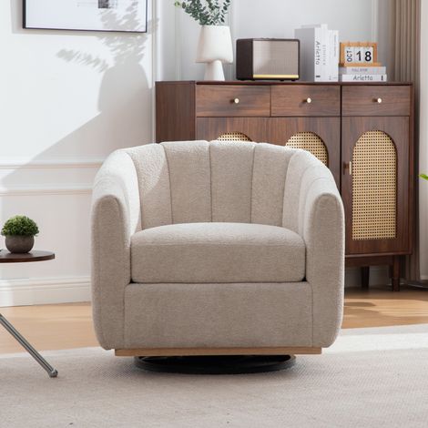 Tabouret pivotant en chenille beige – assise rembourrée, base métallique ronde, rotation à 360°, forme courge avec pompons – pour salon, chambre ou bureau (1/5)