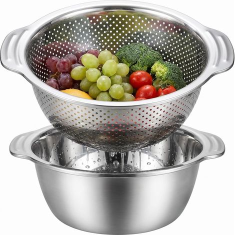 Passoire et bol mélangeur 24cm. Set 2 pièces en inox. Pour pâtes, légumes, salades et préparation culinaire. (1/5)